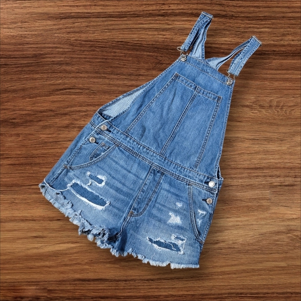 American Eagle Outfitters Blue Denim Distressed Overalls Shortalls